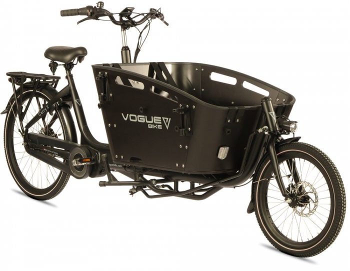Vogue Carry 2 Zwart Bakfiets met middenmotor Ananda M81 bakfiets met 4 zitjes 4 gordels Matzwart 2024 Huifstangen huif